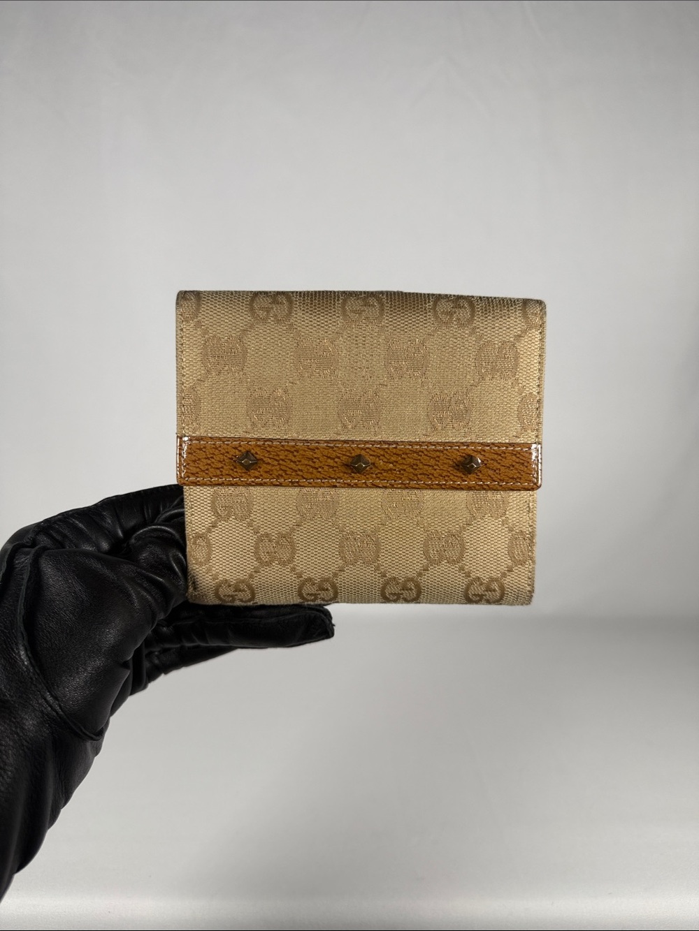 Gucci Beige Monogram Canvas Wallet with Tan Pebbled Leather